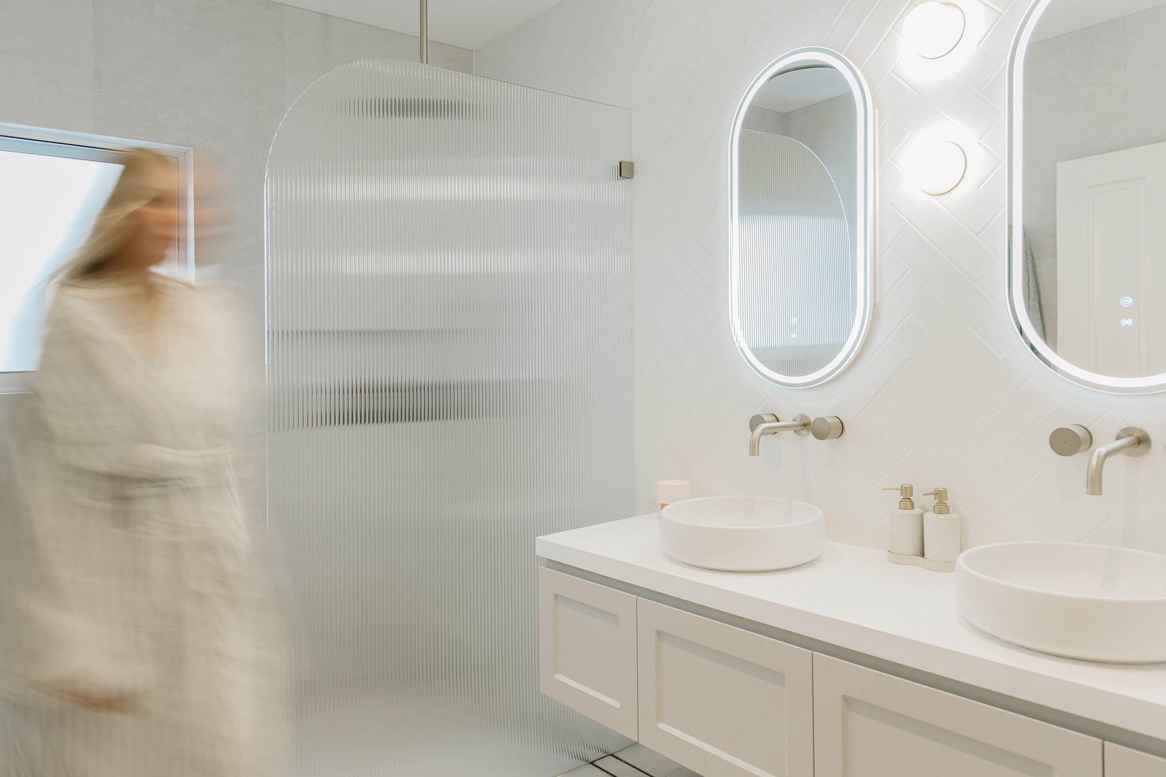A bright, refined ensuite at Soldiers Point built by Ace Building Co